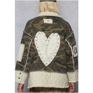 POL Camo Print Studded Heart Patch Button Down Frayed Jacket